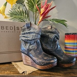 BED|STU Black and Brown Leather Wedge Boots